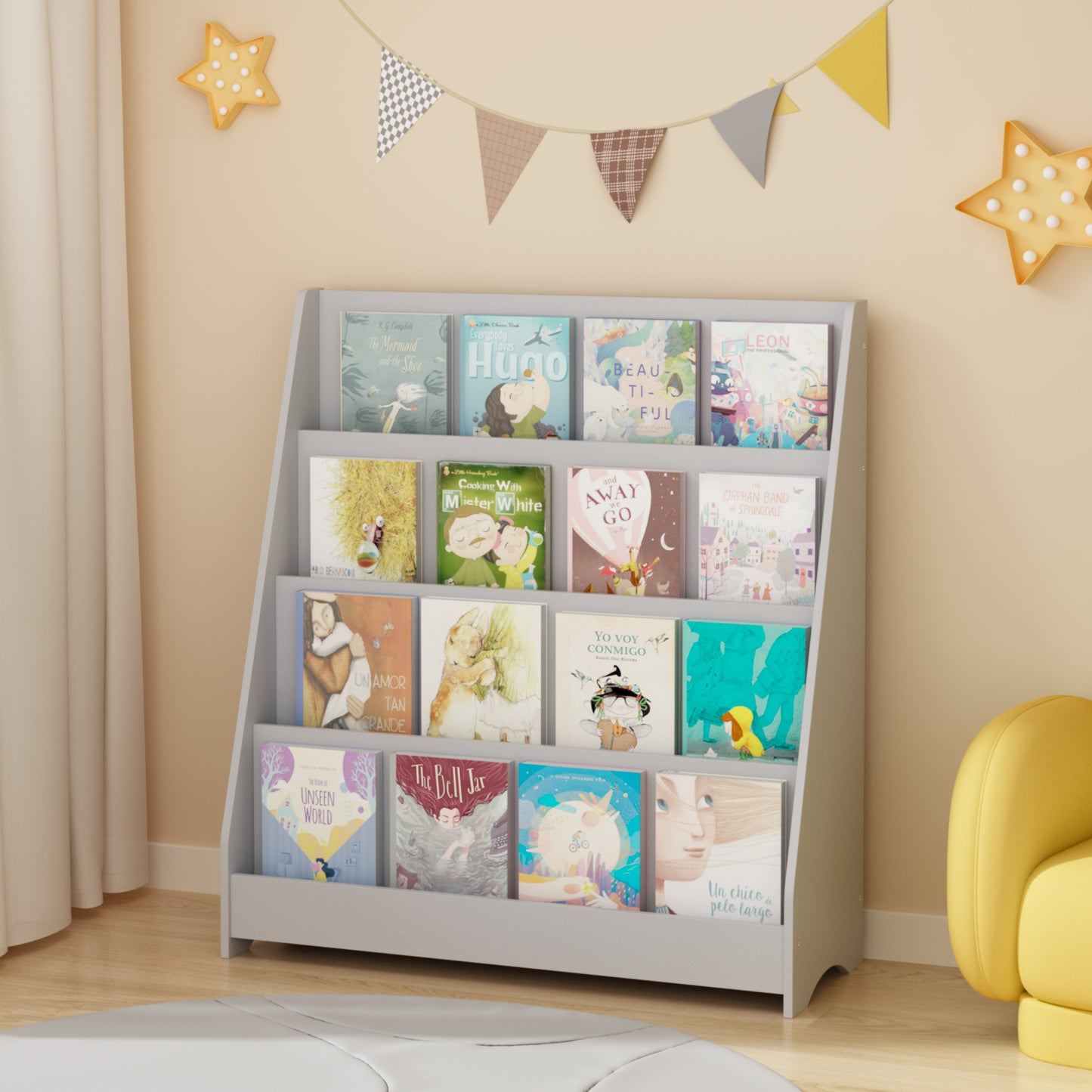 4-Tier Kids Bookshelf - Gray MDF Book Display for Bedrooms & Playrooms