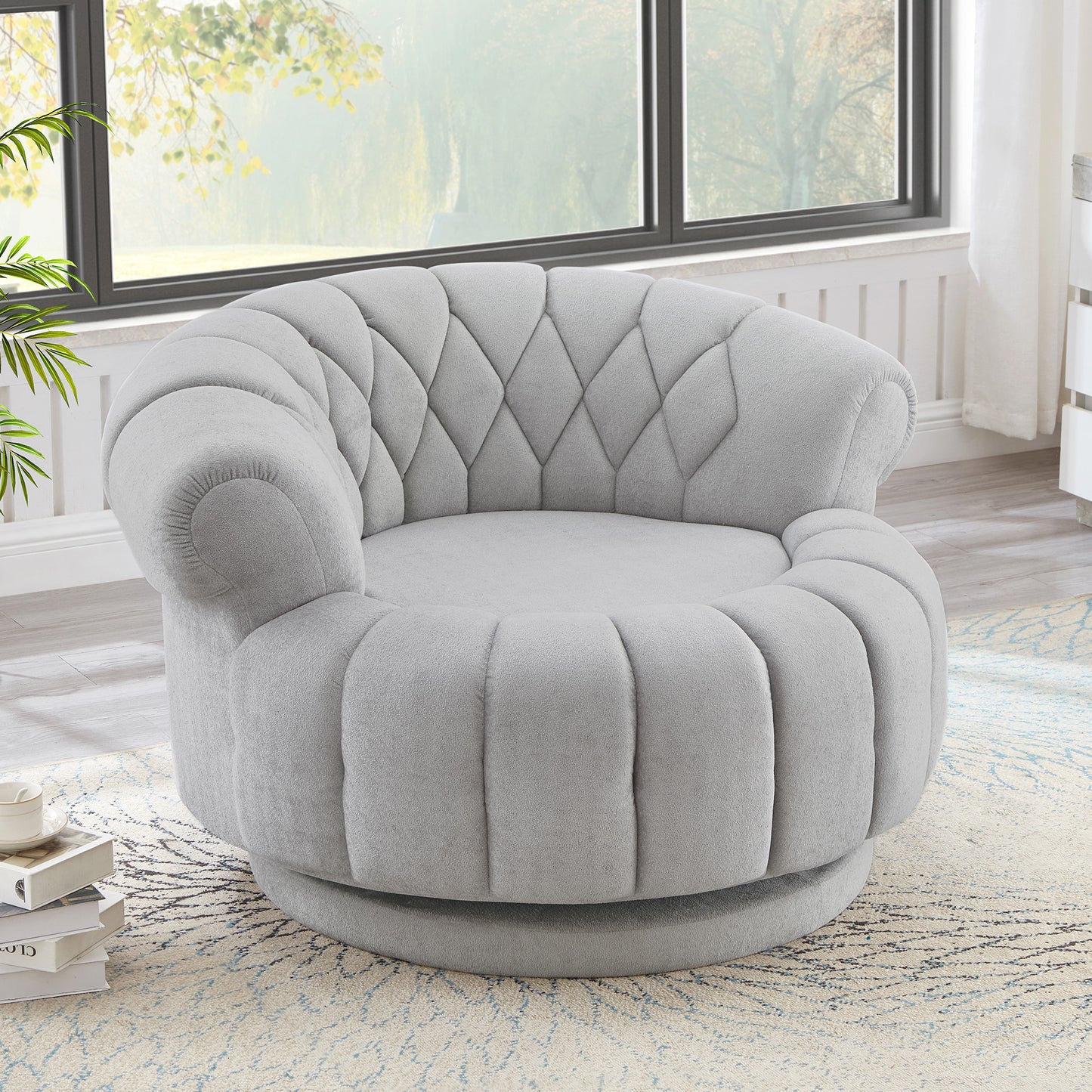 Grey 360° Swivel Accent Chair - Chenille Barrel Club Chair