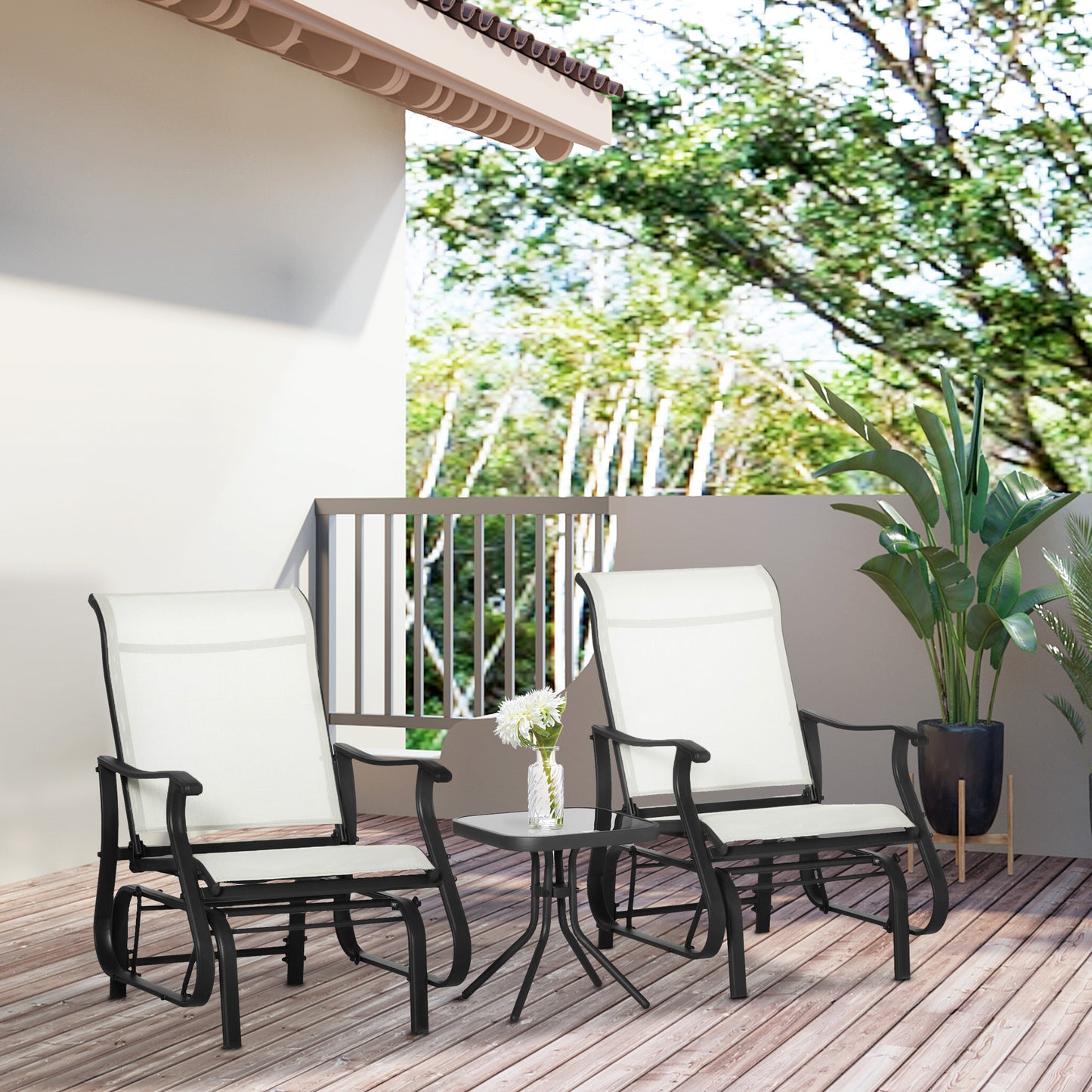 3-Piece Outdoor Glider Set with Steel Frame and Glass Table - Cream White