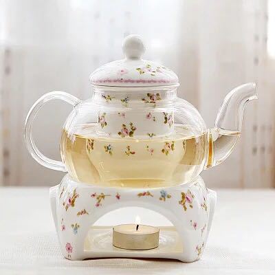 European Glass Fruit Tea Teapot with Candle Heating - Bone China, Heat-Resistant