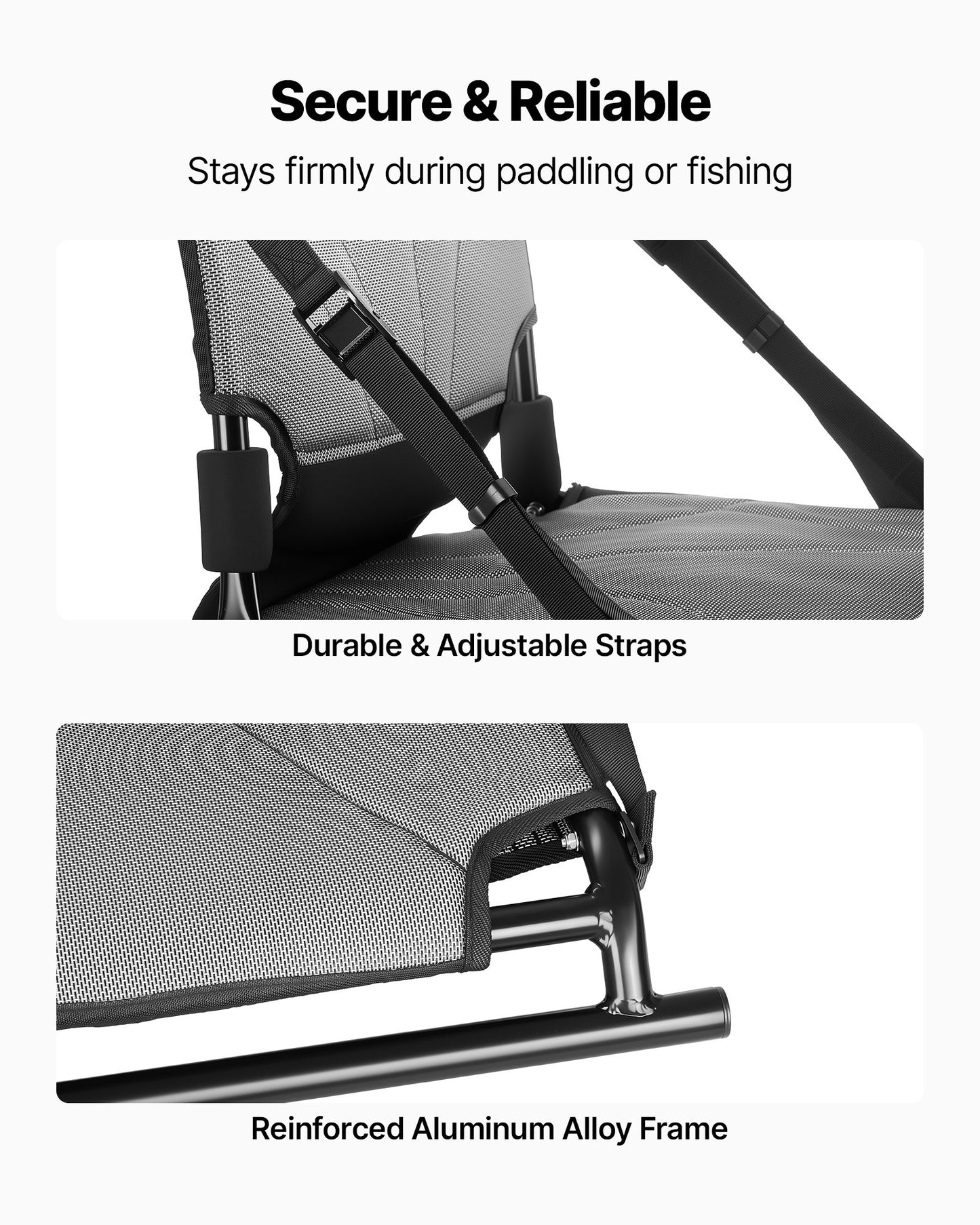 Universal Foldable Kayak Seat with Back Support and Adjustable Straps - Black