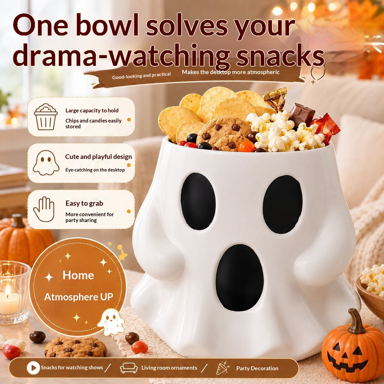 Ghost Snack Bucket Halloween Party Decor - Plastic Resin Ornament