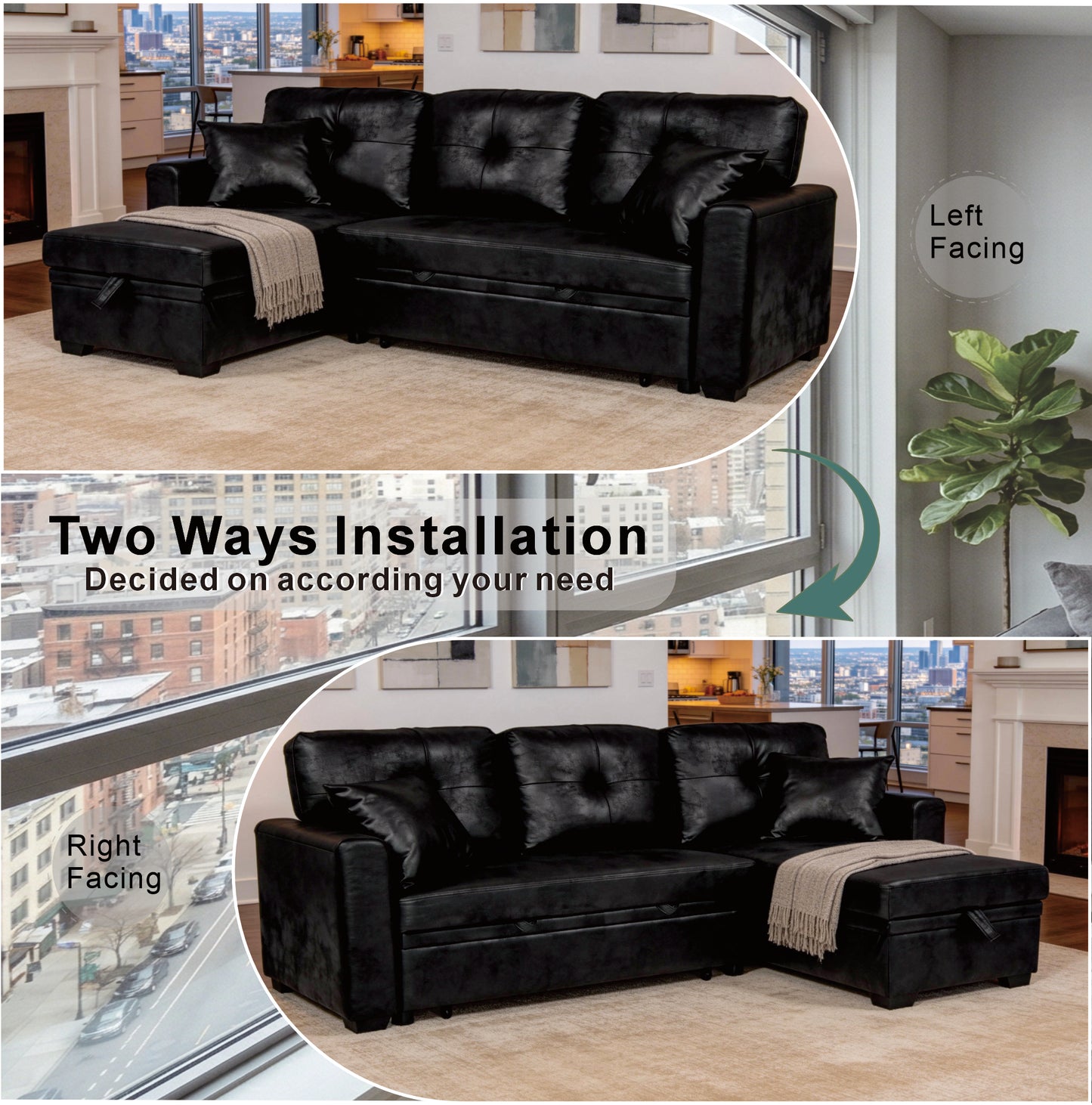 Sleeper Sofa with Pull-Out Bed & Reversible Chaise - Black