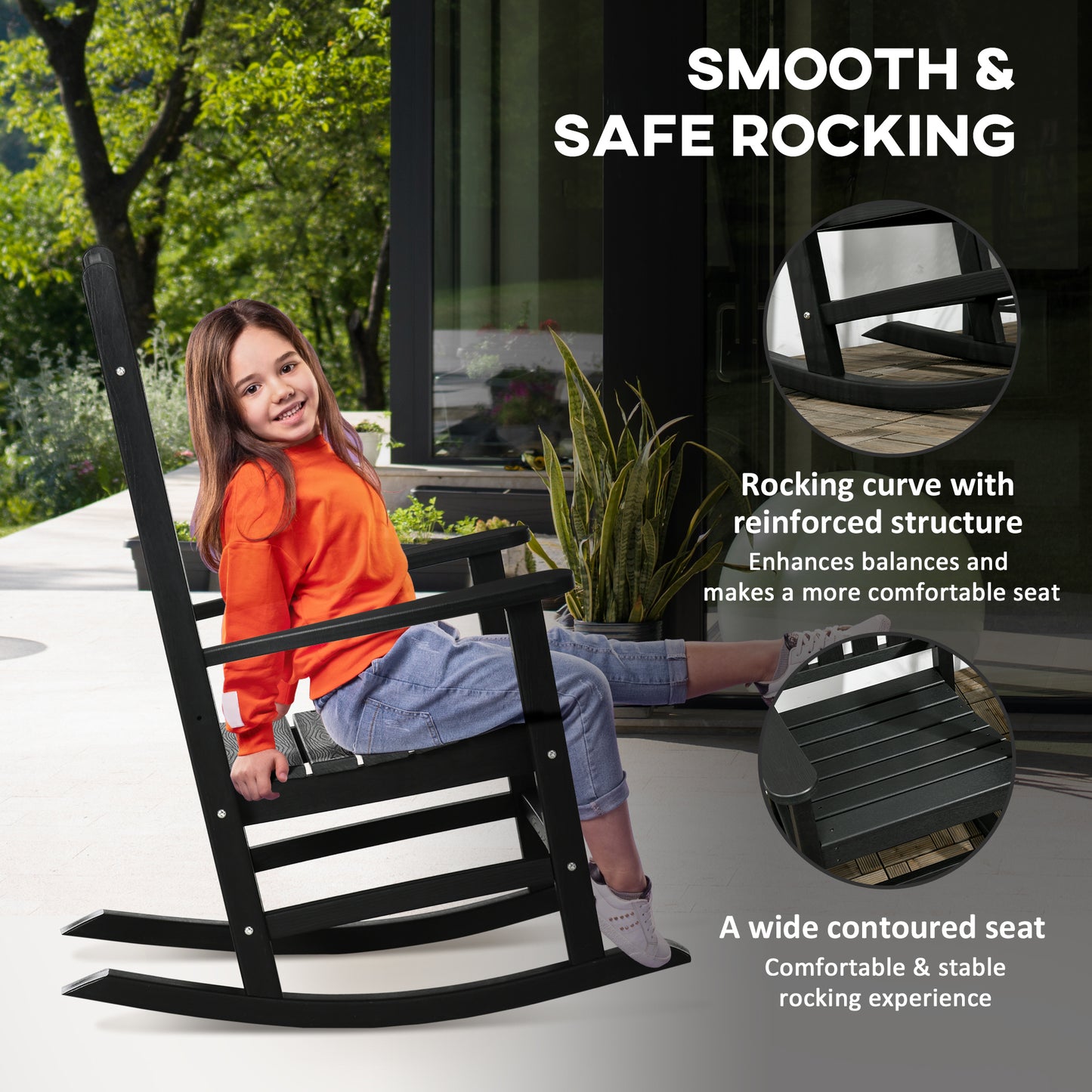 Outdoor Rocking Chair Set with Armrests - Waterproof HDPE, Black