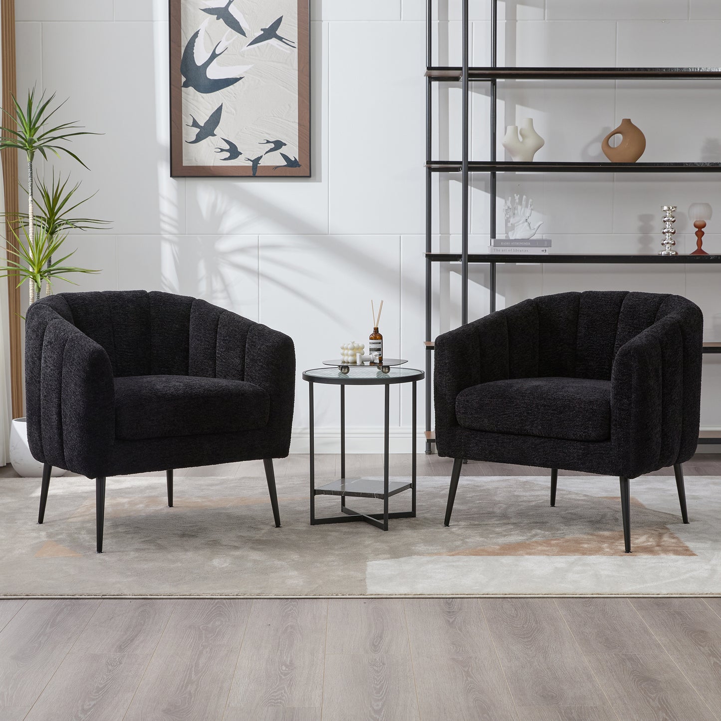 Modern Chenille Barrel Accent Chair with Metal Legs - Black