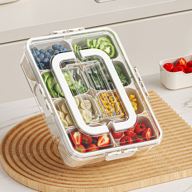 8-Compartment Food Storage Tray with Lid - Fruit Snack Organizer, Cream White