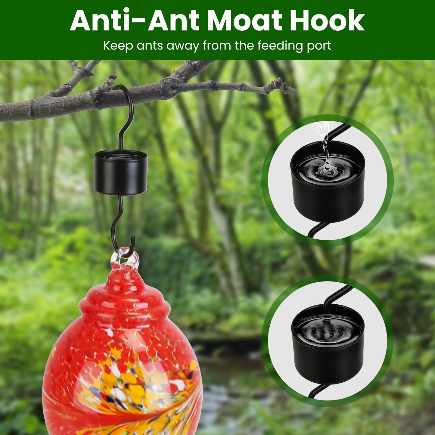 Glass Hummingbird Feeder 33OZ with 5 Flower Feeding Ports & Ant Moat - Garden Decor