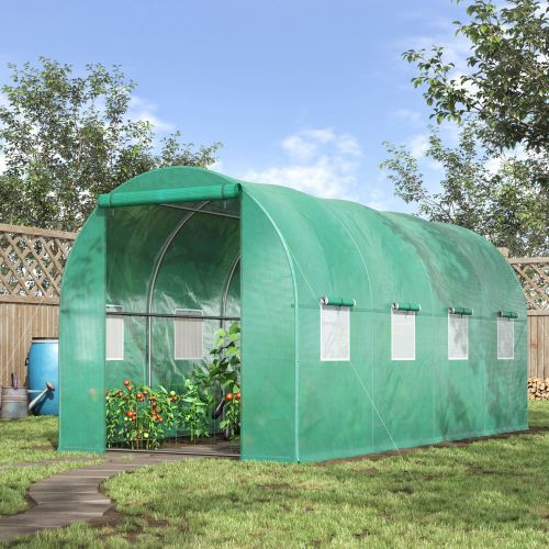 Walk-In Greenhouse with Steel Frame & Polyethylene Cover - 15x7x6.5 ft, Green