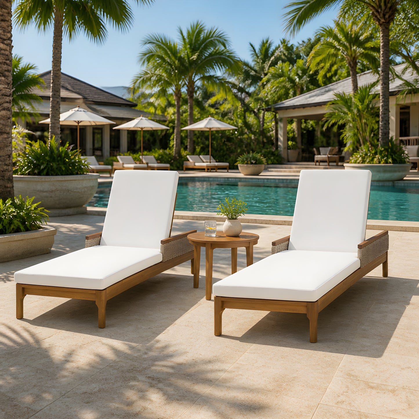 76.8" Solid Acacia Wood Sun Chaise Lounger Set of 2 - Beige Cushions & Grey Wicker