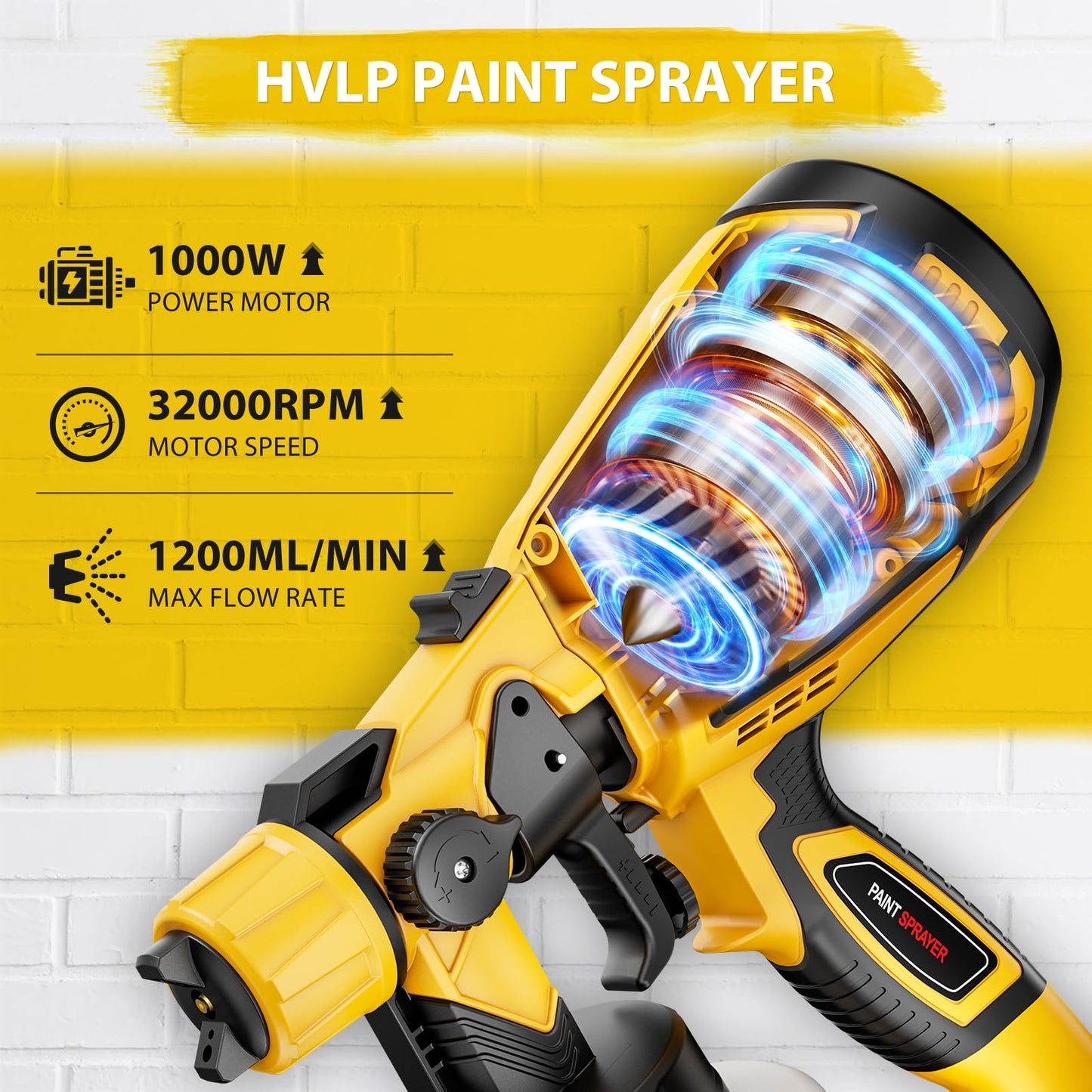 1000W HVLP Electric Spray Gun for House Furniture Cabinets Walls Fences - Yellow