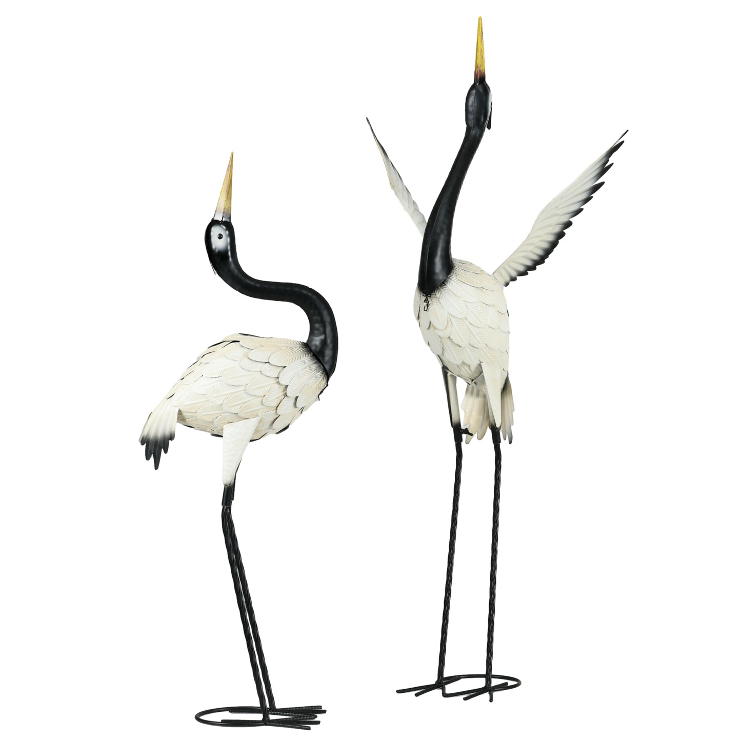 Set of 2 Heron Garden Statues - Black & White Lawn Sculptures