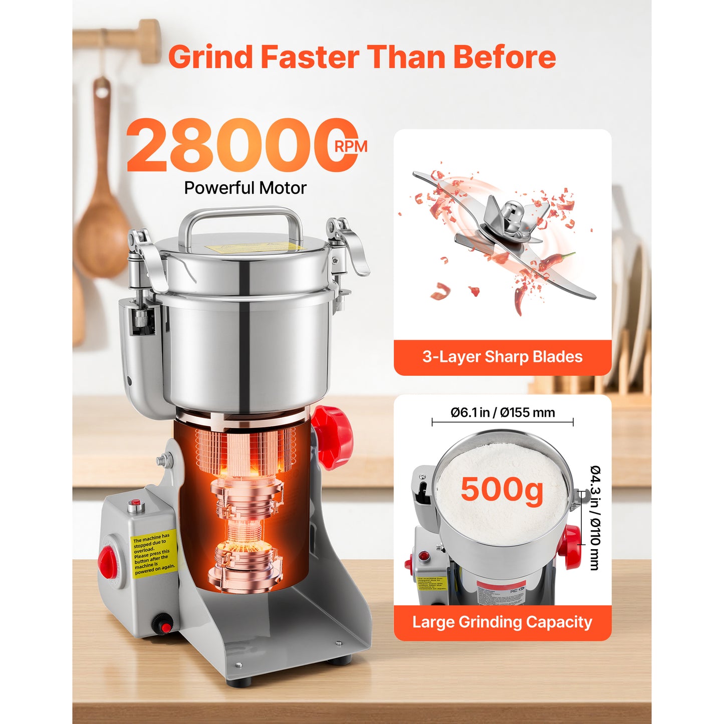 500g Electric Grain Mill Grinder 2000W High Speed Spice & Coffee Pulverizer