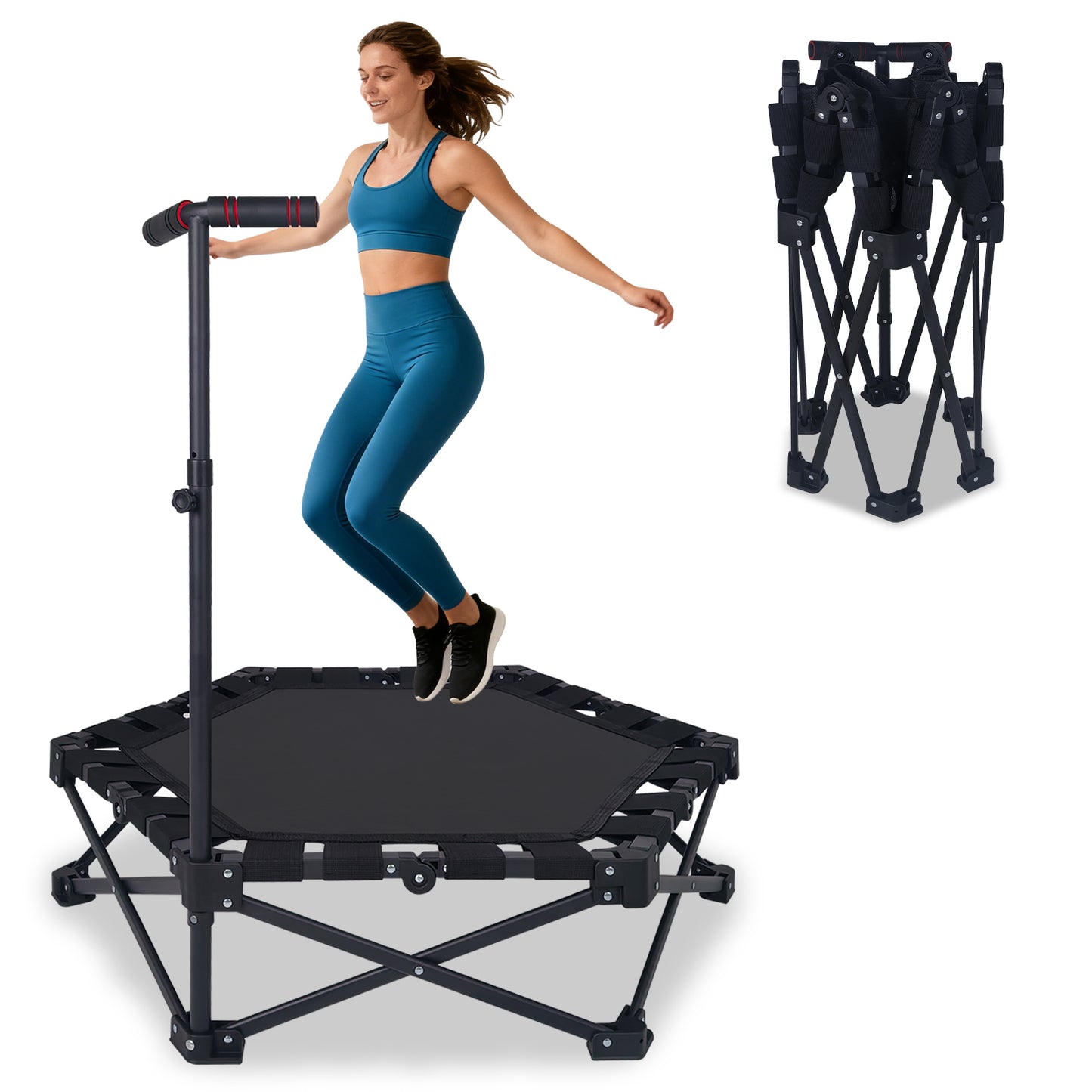 42" Foldable Mini Trampoline - Adjustable T-Bar, 330lbs Capacity, Black