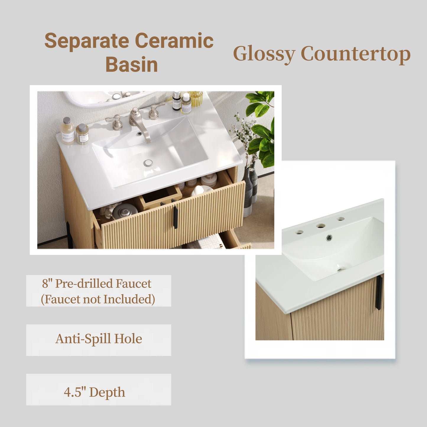 30" Bathroom Vanity with Ceramic Sink & Full-Extension Drawers - Natural