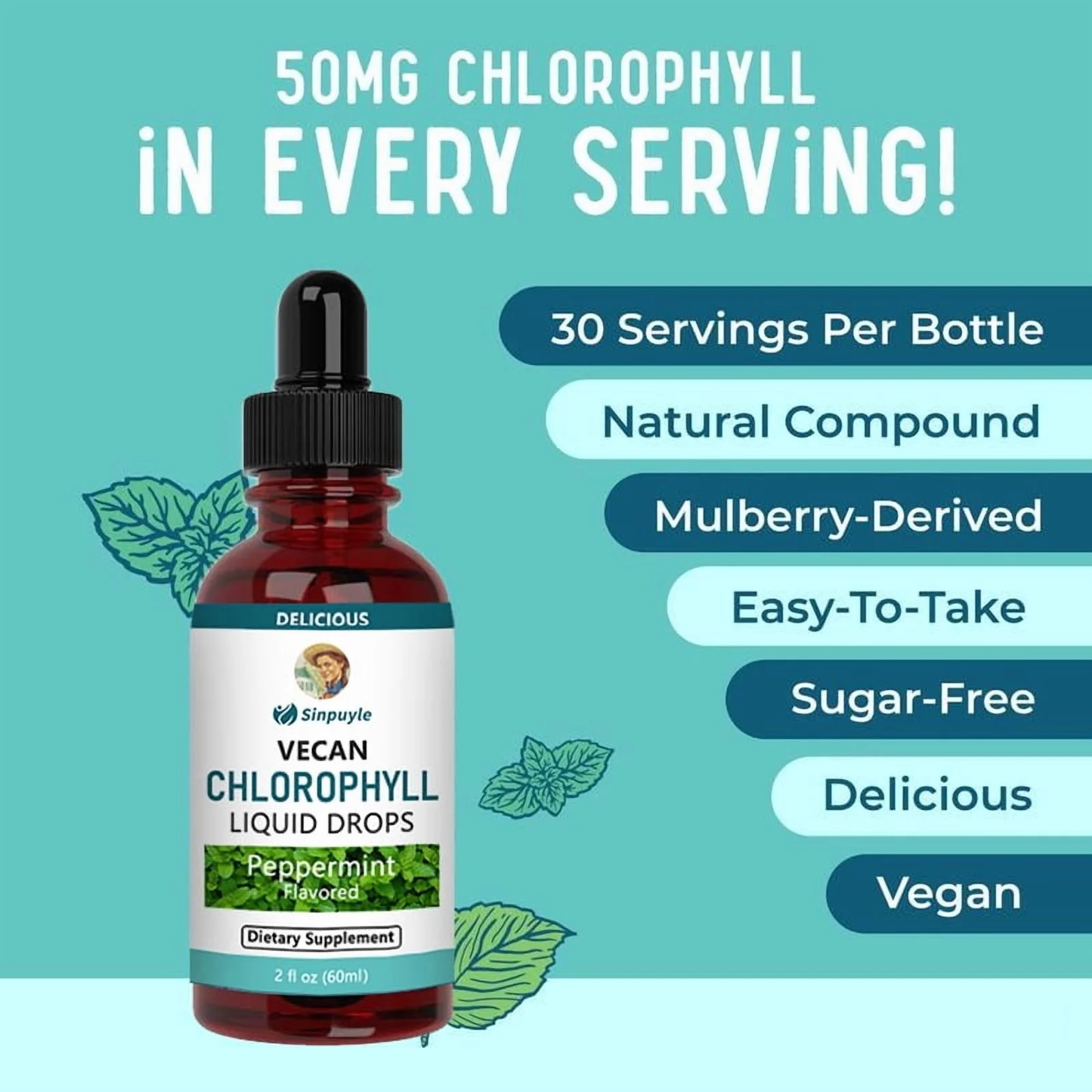 Vegan Chlorophyll Liquid Drops - Peppermint Flavored Detox Supplement 60ml