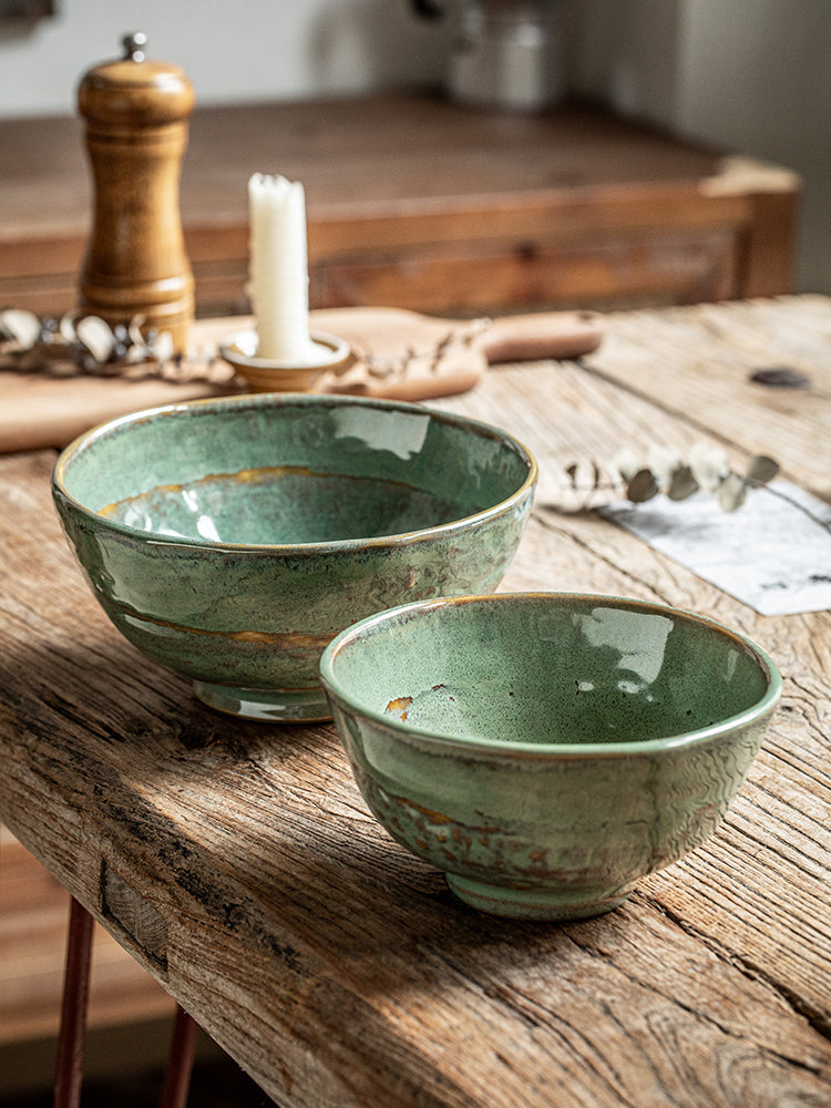 Ceramic Noodle & Rice Bowl Set - Green Glaze Kiln, 5.5 & 6.5 Inch