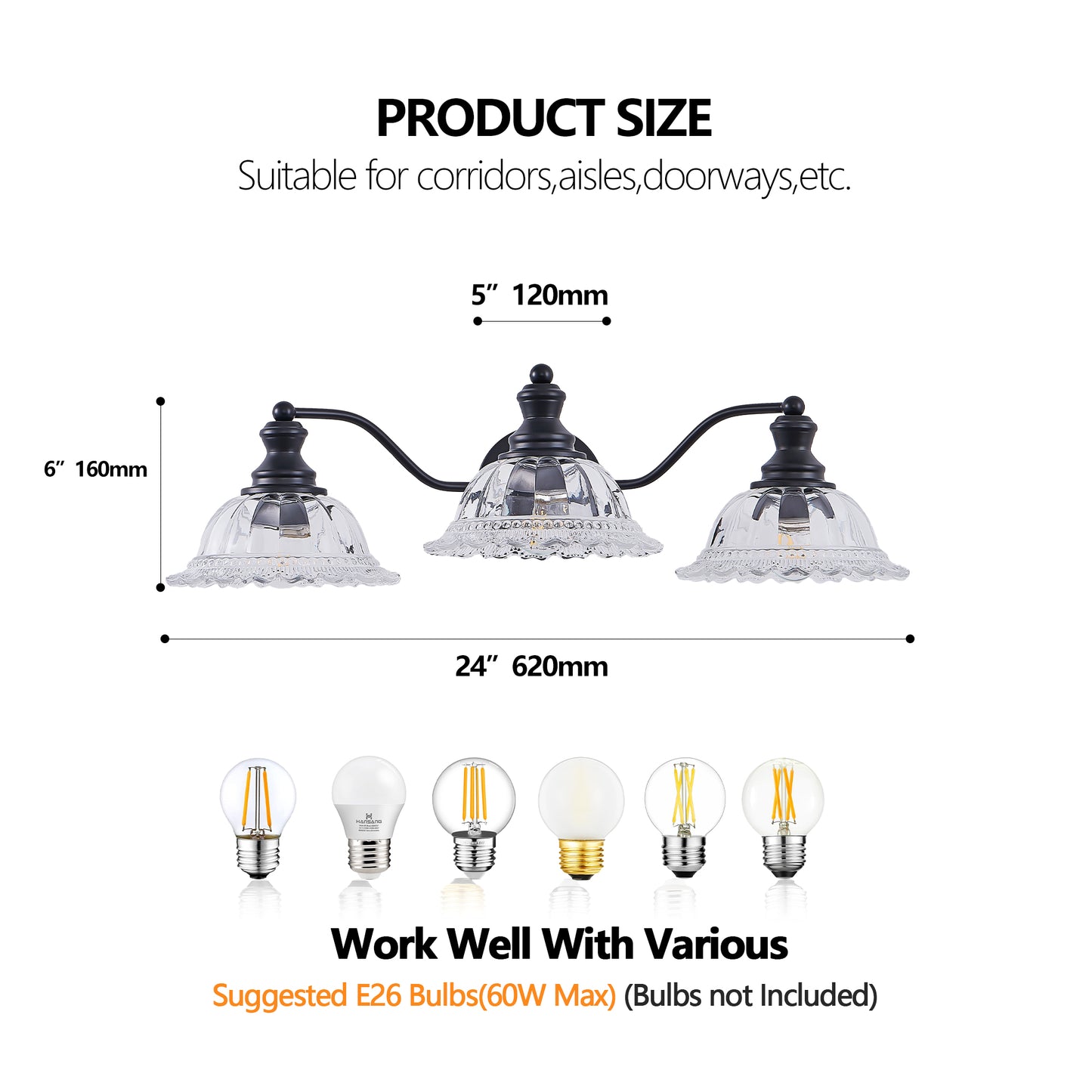 24 Inch 3-Light Vintage Bathroom Wall Sconce Black Metal Glass Vanity Light Fixture