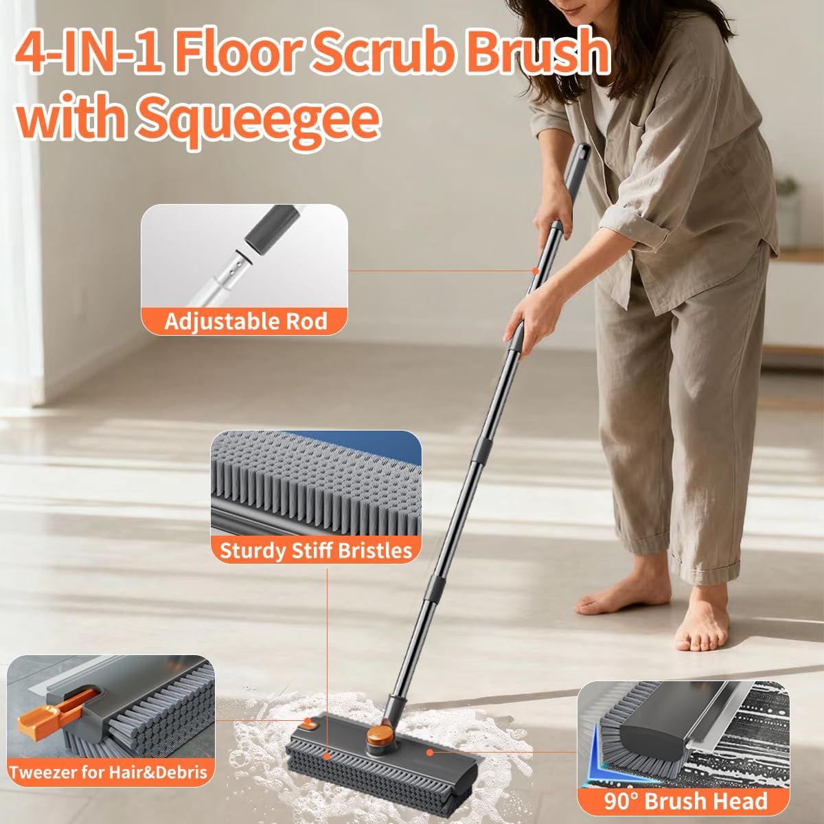 3-in-1 Long Handle Floor and Shower Scrub Brush with Squeegee - Grey