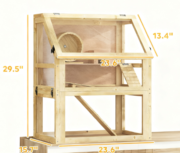 3 Tier Wooden Hamster Cage with Toys - Natural Wood Multi-Level Enclosure