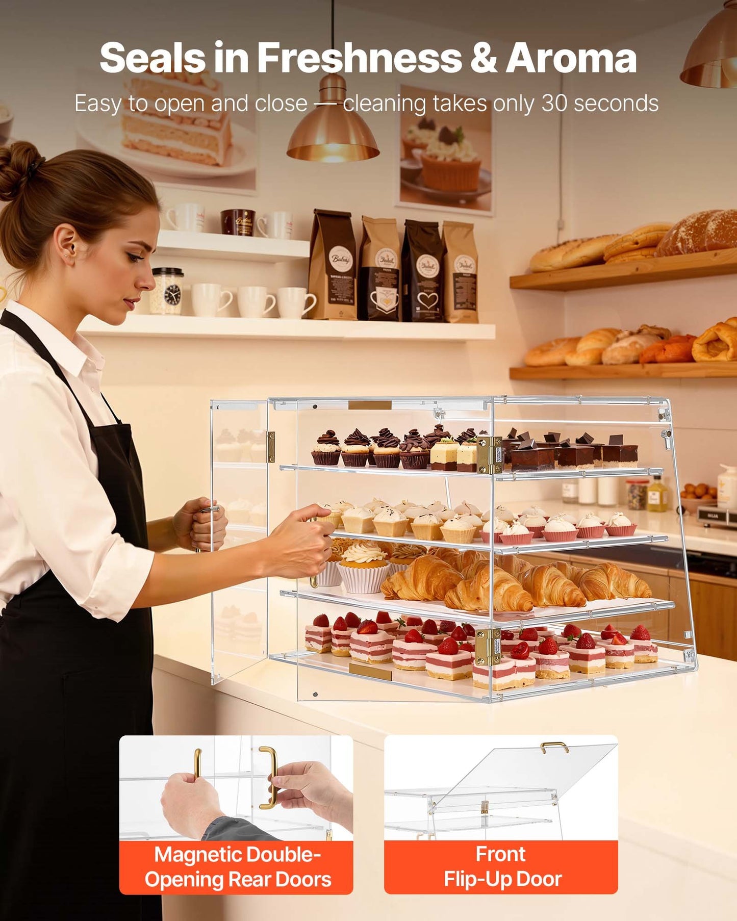 4-Tier Acrylic Bakery Display Case with Magnetic Rear Door for Pastries & Cake