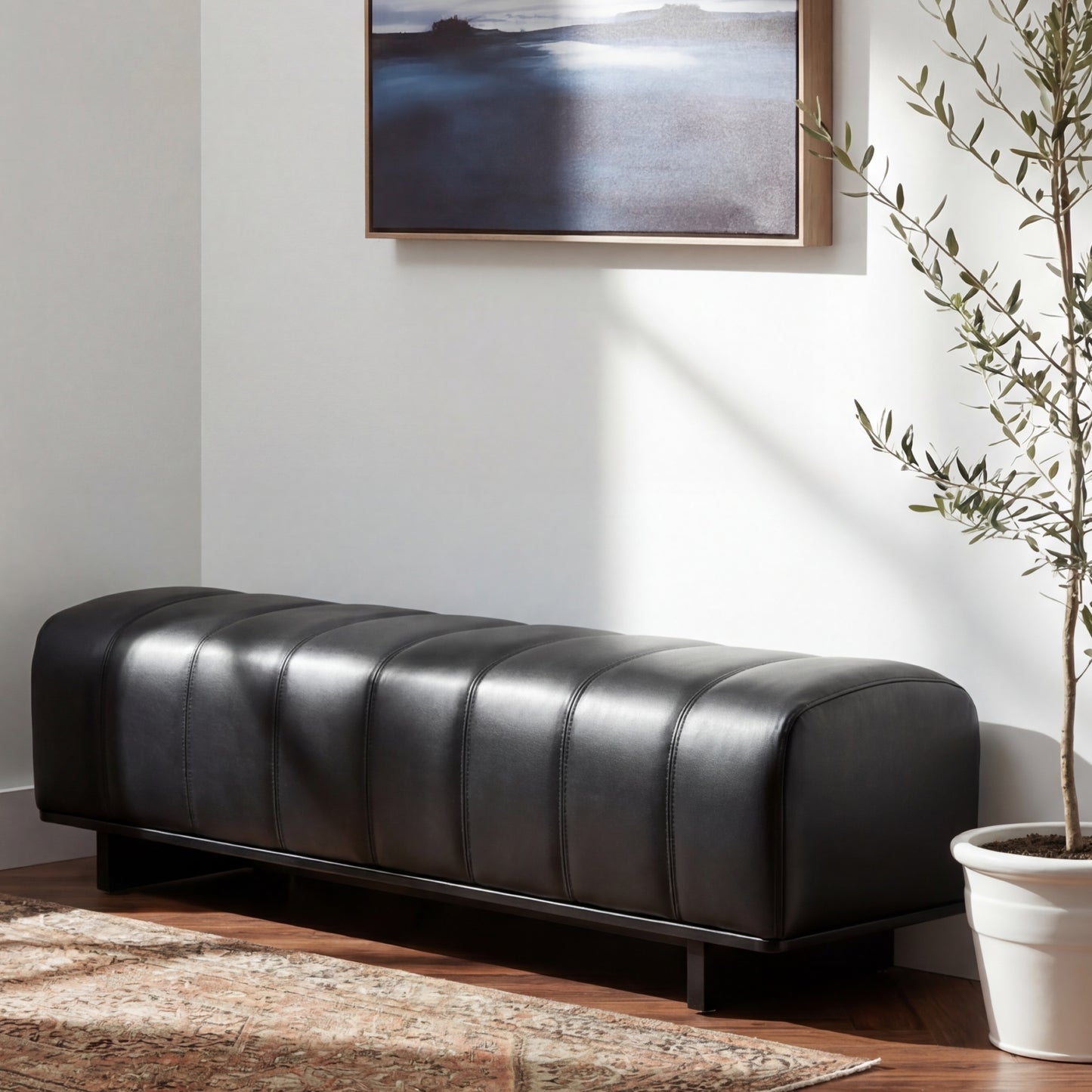 Indoor Dining Bench - Black PU Fabric with Rubber Wood Legs