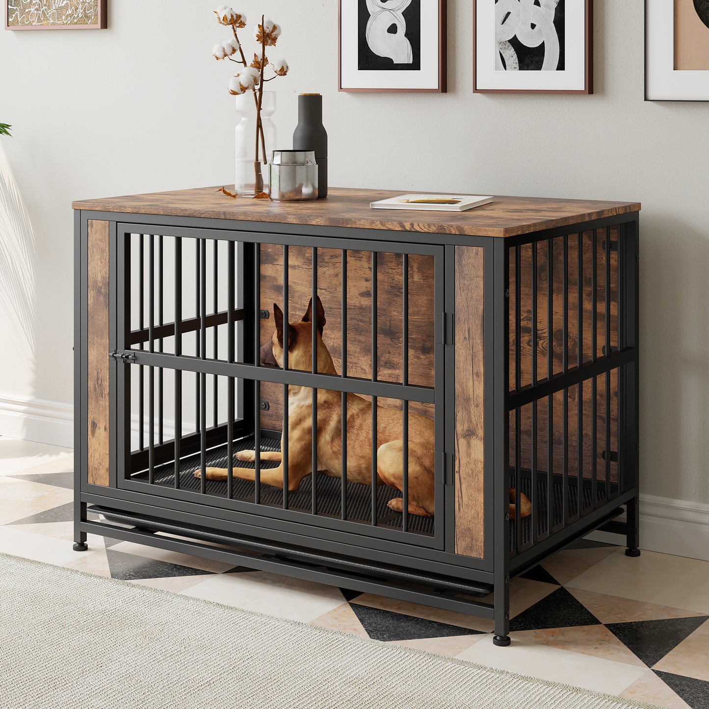Wooden Dog Crate Table with Sliding Doors - Large Dog Kennel