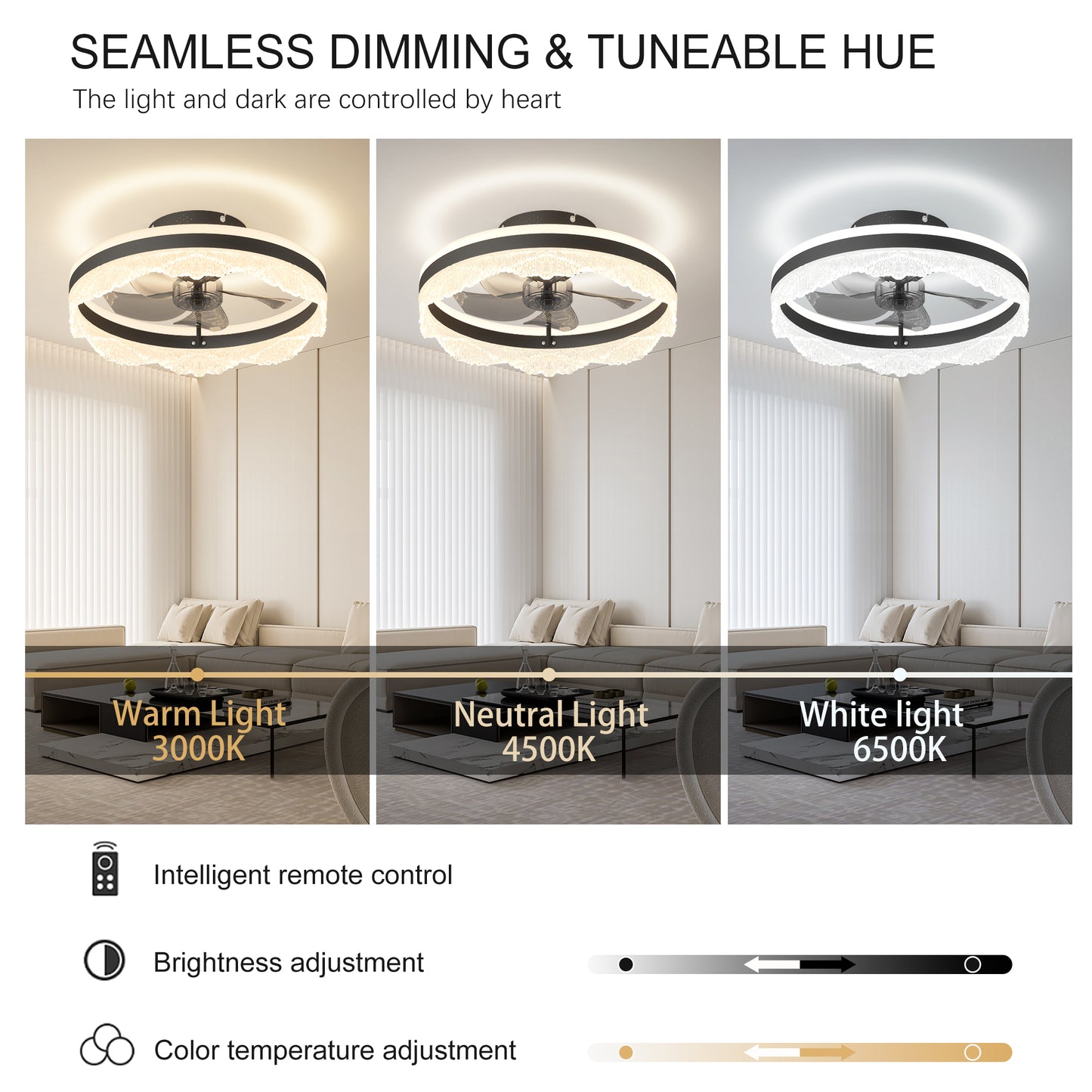 Quiet Ceiling Fan with Light - LED Crystal Flush Mount Design