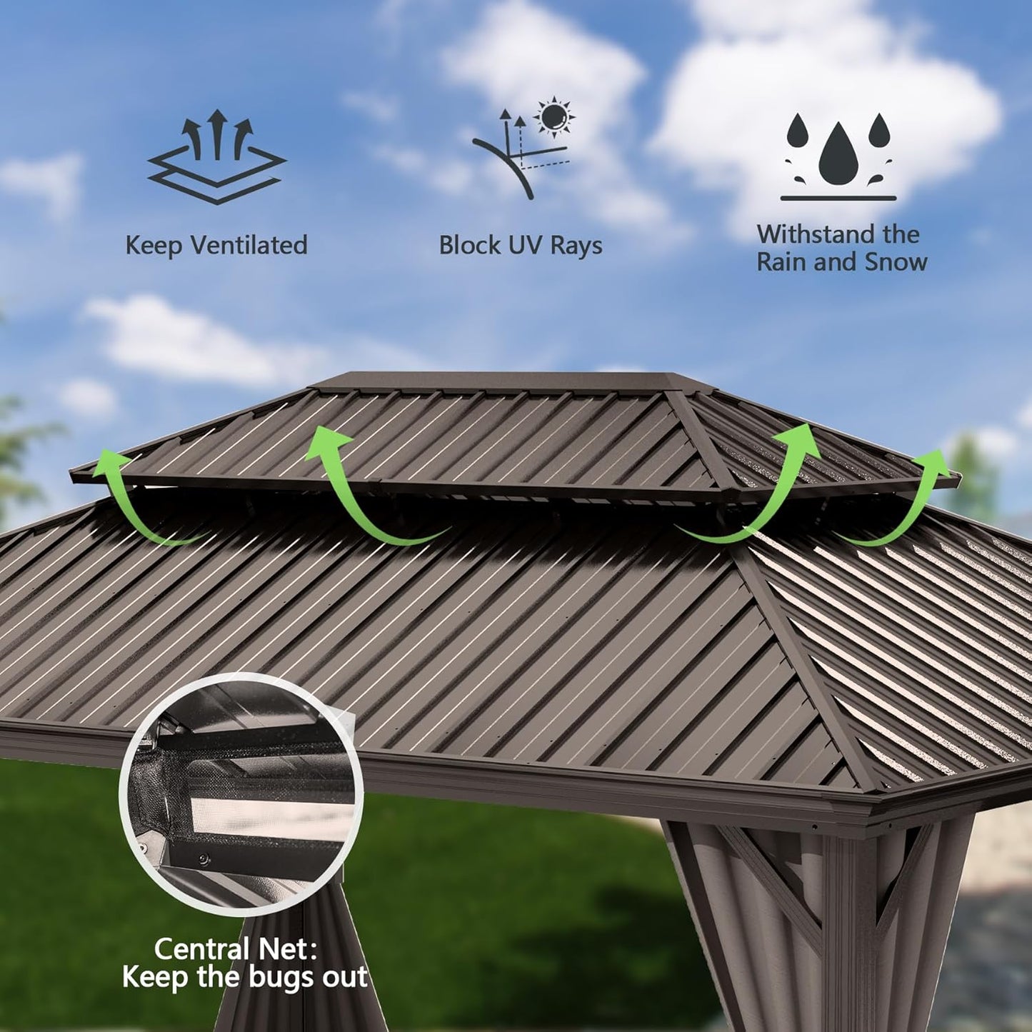 10x13FT Hardtop Outdoor Gazebo with Steel Double Roof - Brown