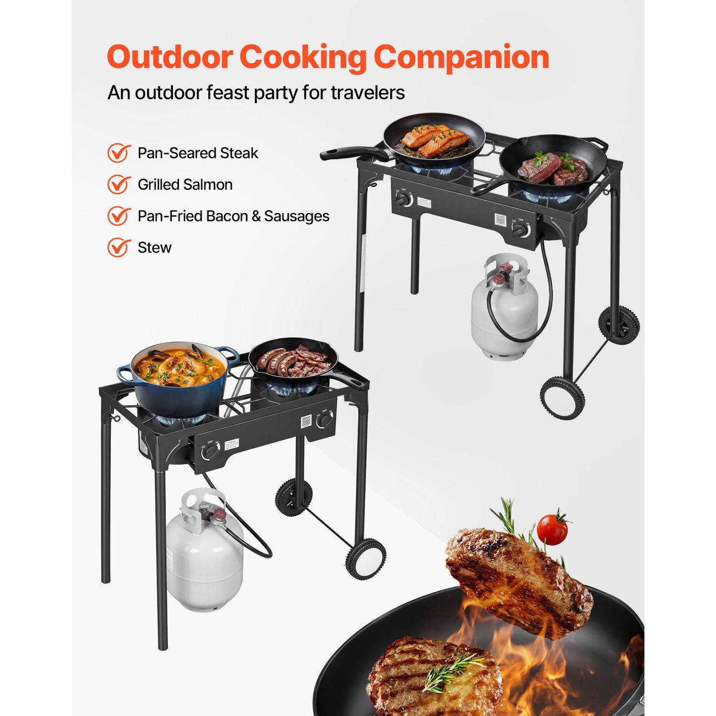 Outdoor Propane Gas Stove 2 Burners 150,000 BTU Camping BBQ Cooker with Wheels & Regulator