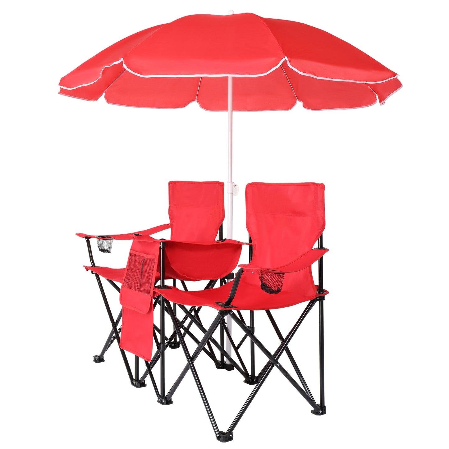 Folding Double Camping Chair with Removable Umbrella & Cup Holders - Red