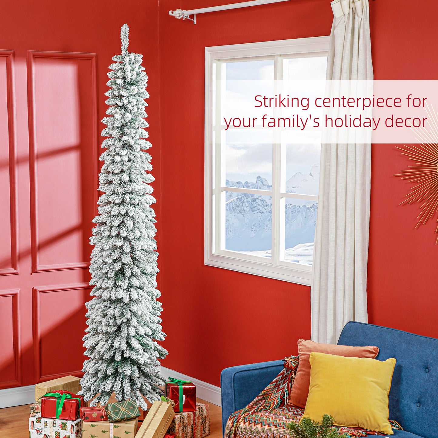 8ft Snow Flocked Slim Pencil Christmas Tree - Green, 603 Tips