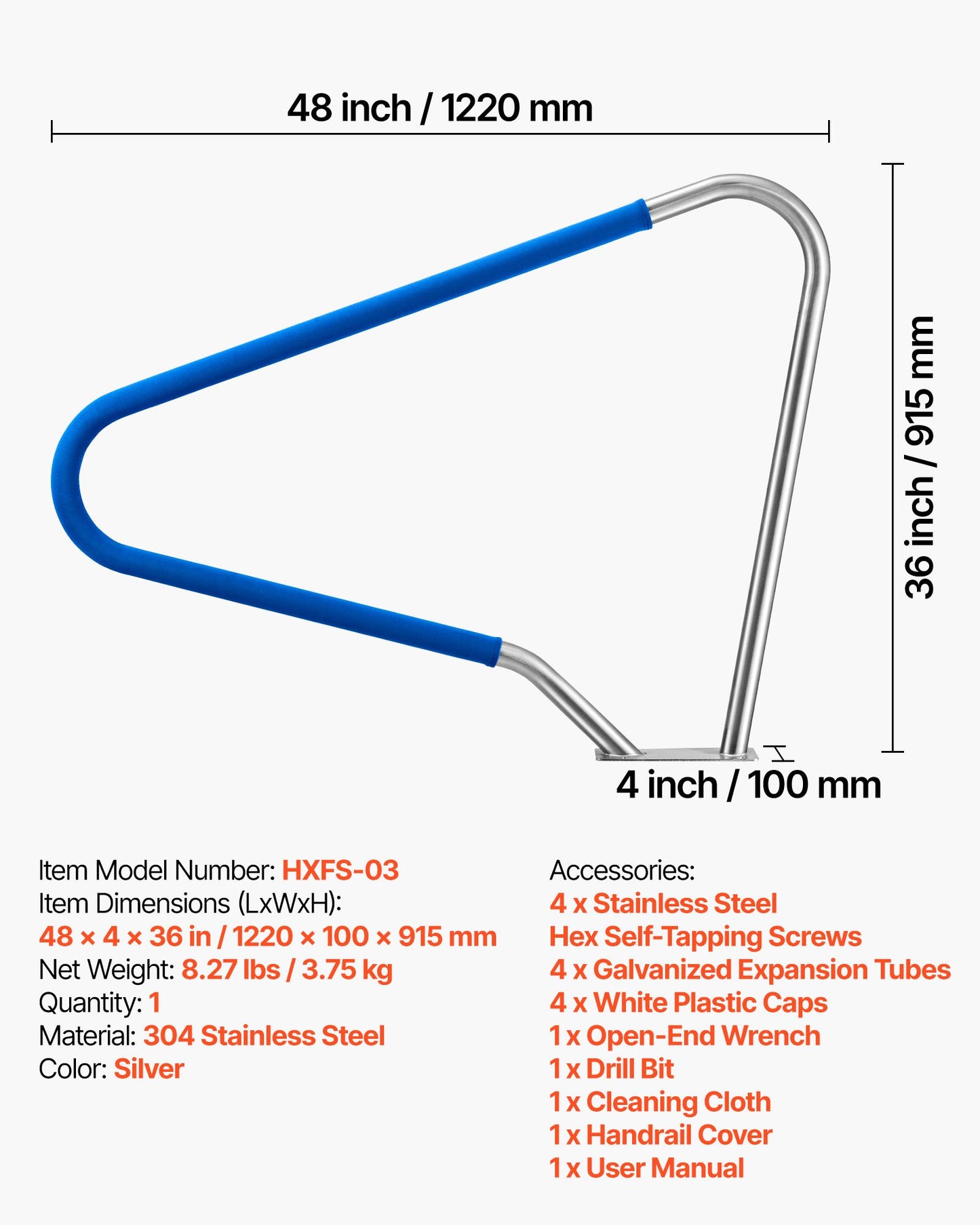 Heavy Duty Stainless Steel Pool Handrail 48x36 Inch Support for Poolside & Spa
