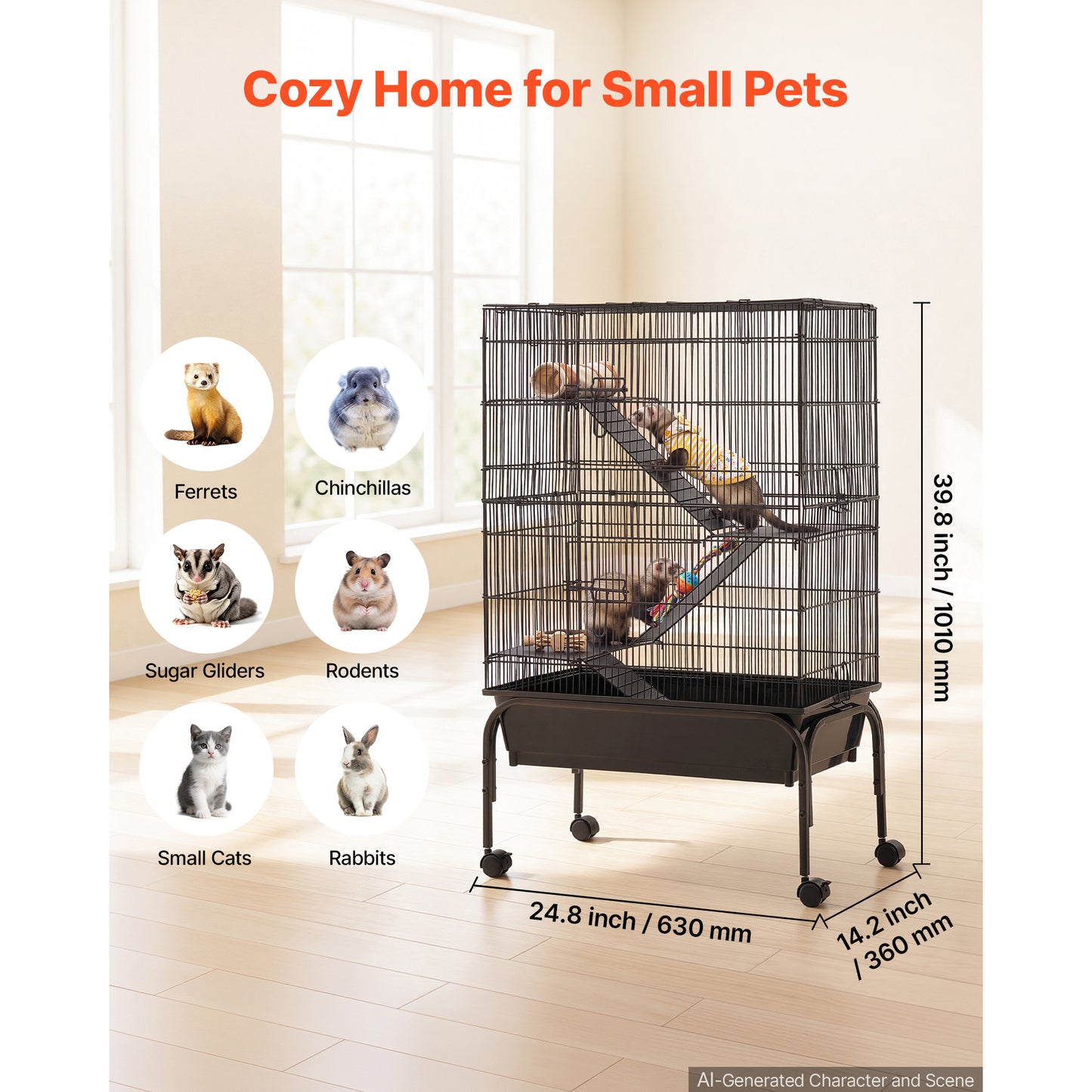 Small Animal Cage 39.8H 3-Tier Rolling Ferret & Rodent Habitat with Ramps & Tray