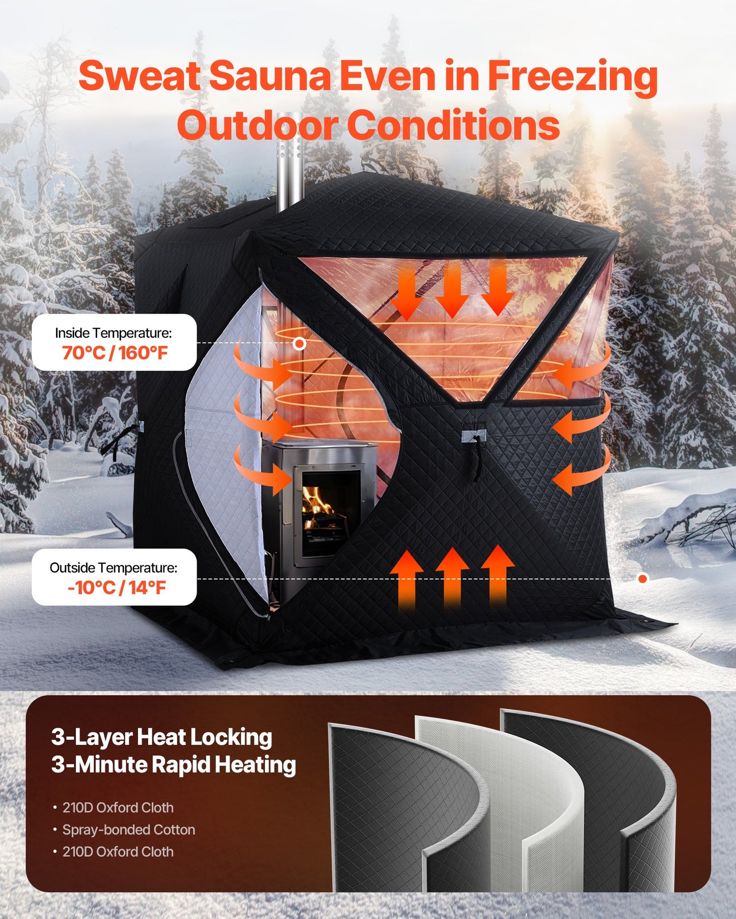 Outdoor 4-Person Sauna Tent with Velcro Flaps for Camping - Black