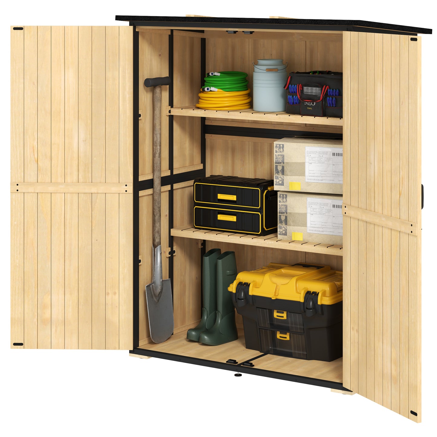 Wood Storage Shed, Outdoor Garden Shed With Asphalt Roof, 2 Shelves,