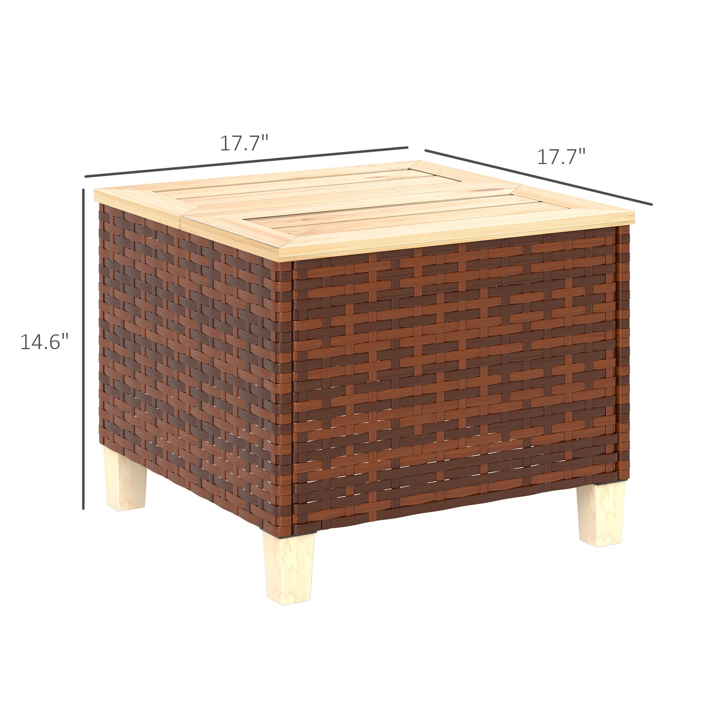 Outdoor Side Table with PE Rattan & Natural Fir Wood Top - Brown