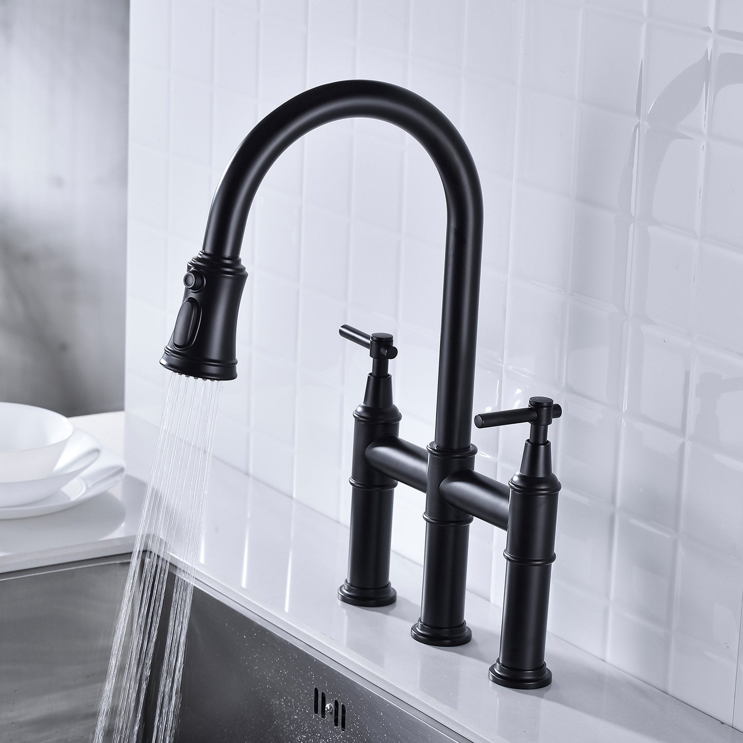 Pull Down Kitchen Faucet with Dual Handle - Matte Black