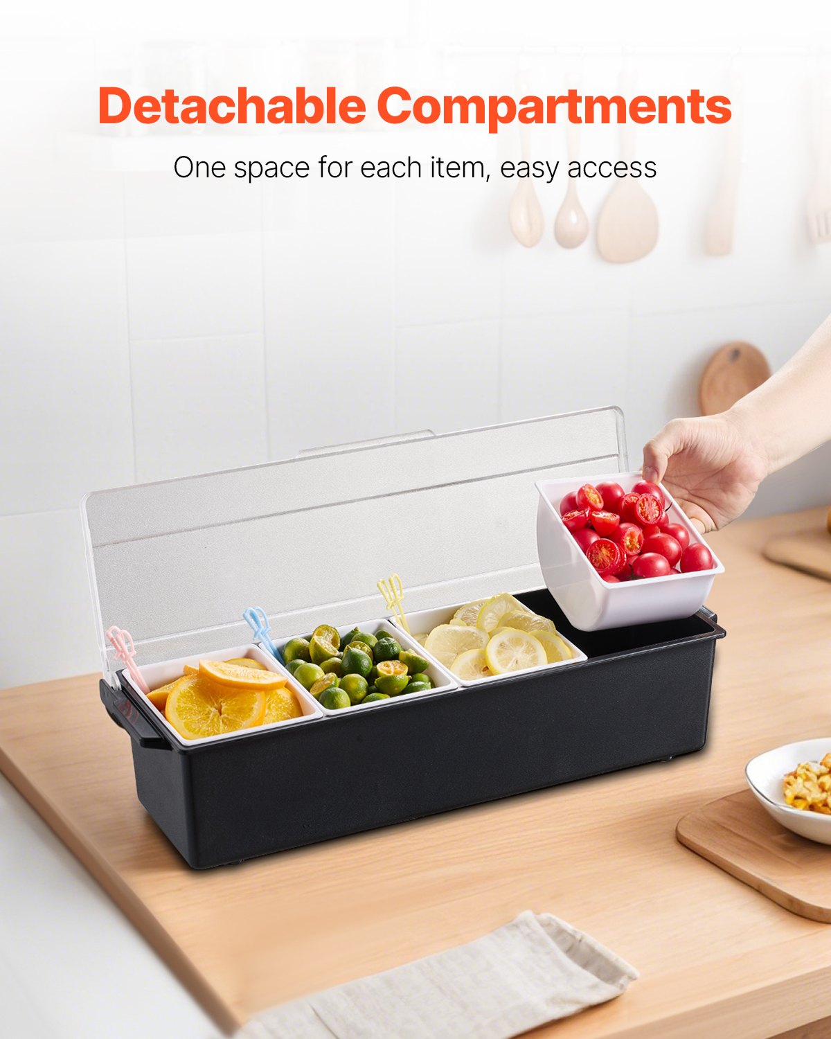Chilled 4-Compartment Condiment Server Tray with Lid - Black