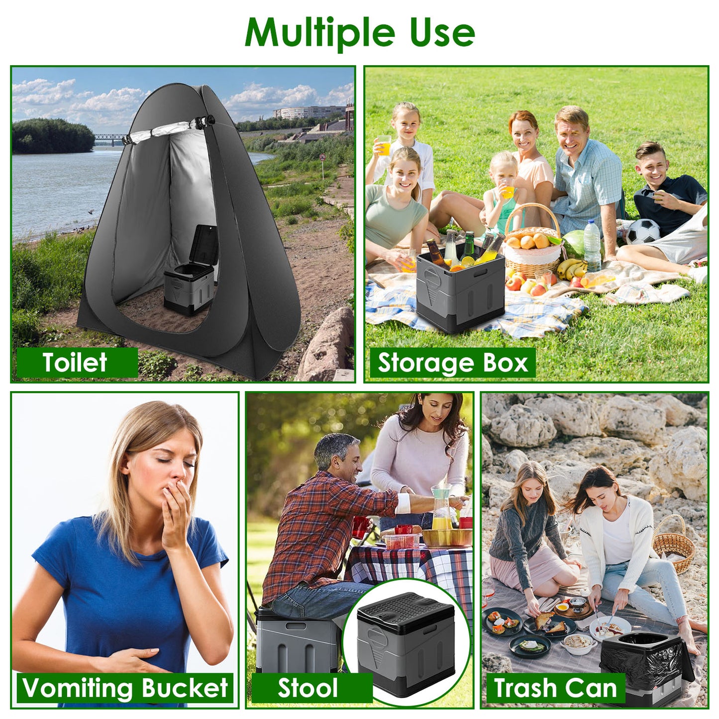 Portable Outdoor Toilet with Lid - 20L Capacity, Collapsible