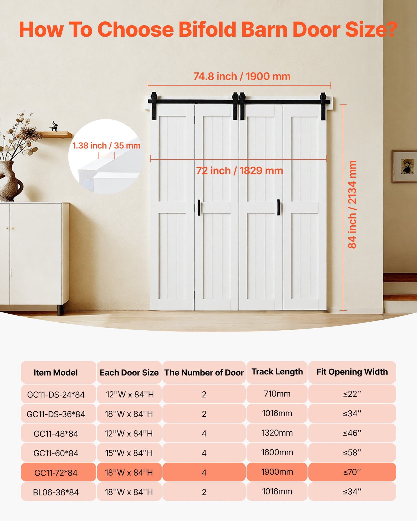 72-Inch White Bifold Barn Door with Hardware Kit - Space-Saving MDF Sliding Closet Door