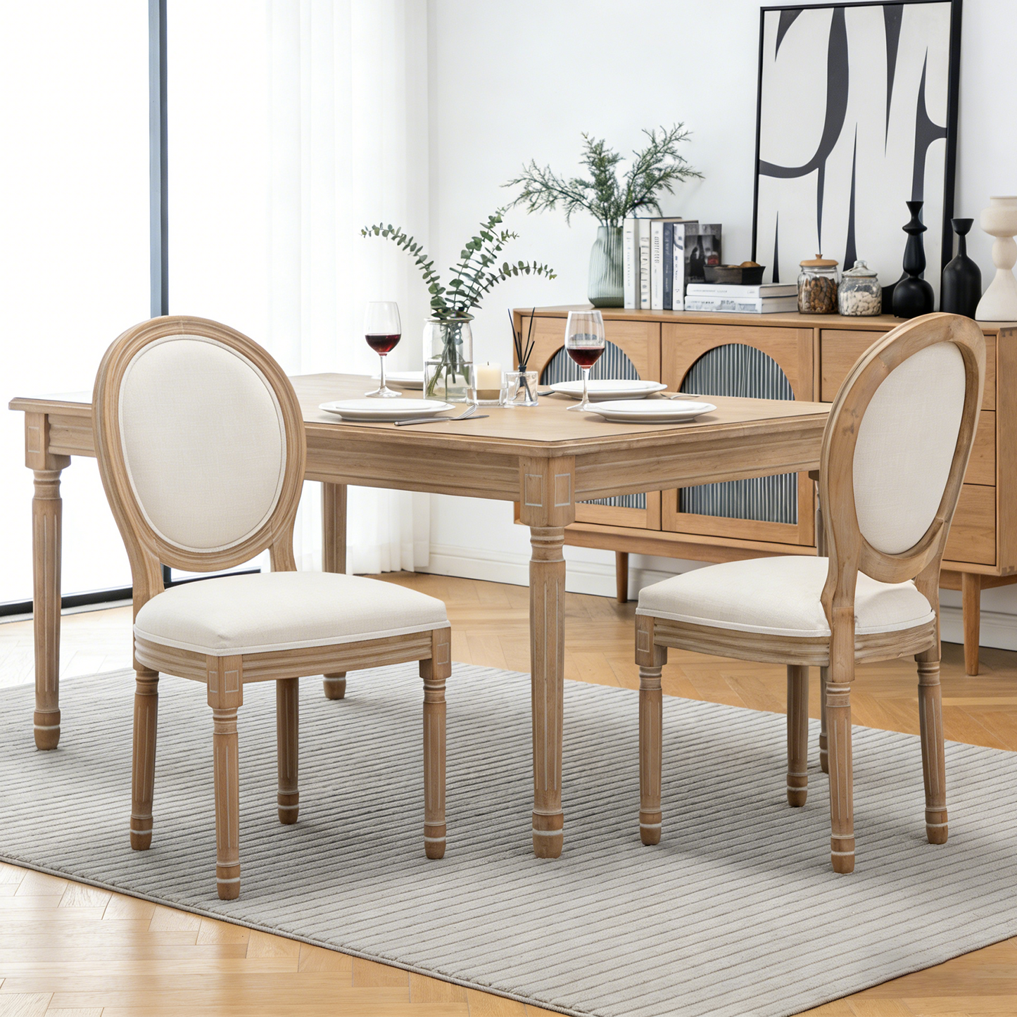 Farmhouse Dining Chairs Set of 2 - Solid Wood Frame with Linen Cushions, Beige