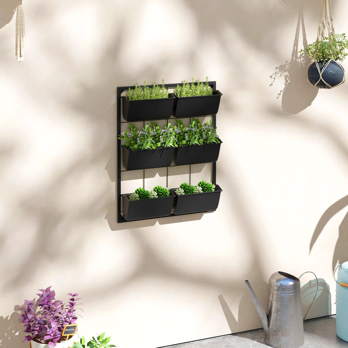 3-Tier Wall-Mounted Hanging Planter Set with 6 Pots - Indoor & Outdoor Black
