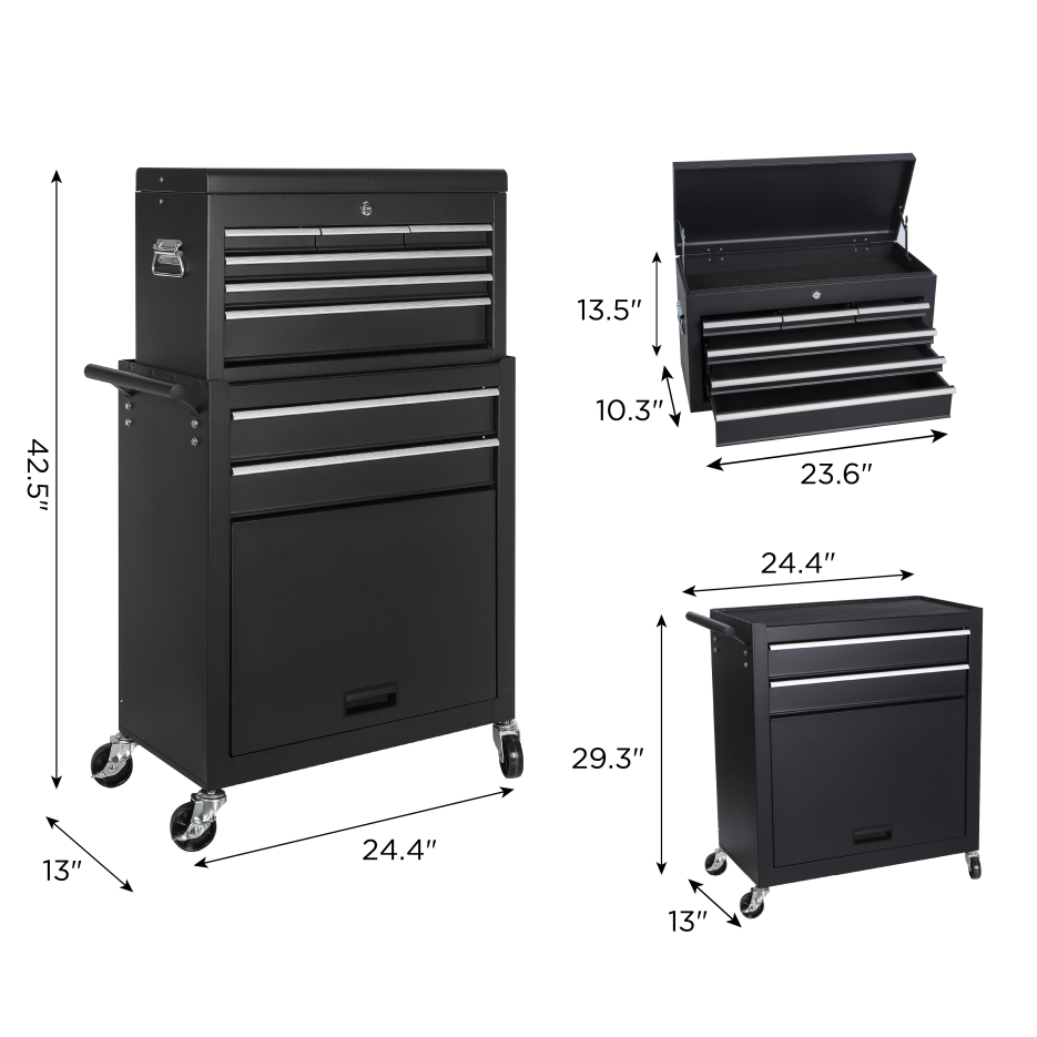 8-Drawer Rolling Tool Chest with Detachable Top Storage - Black