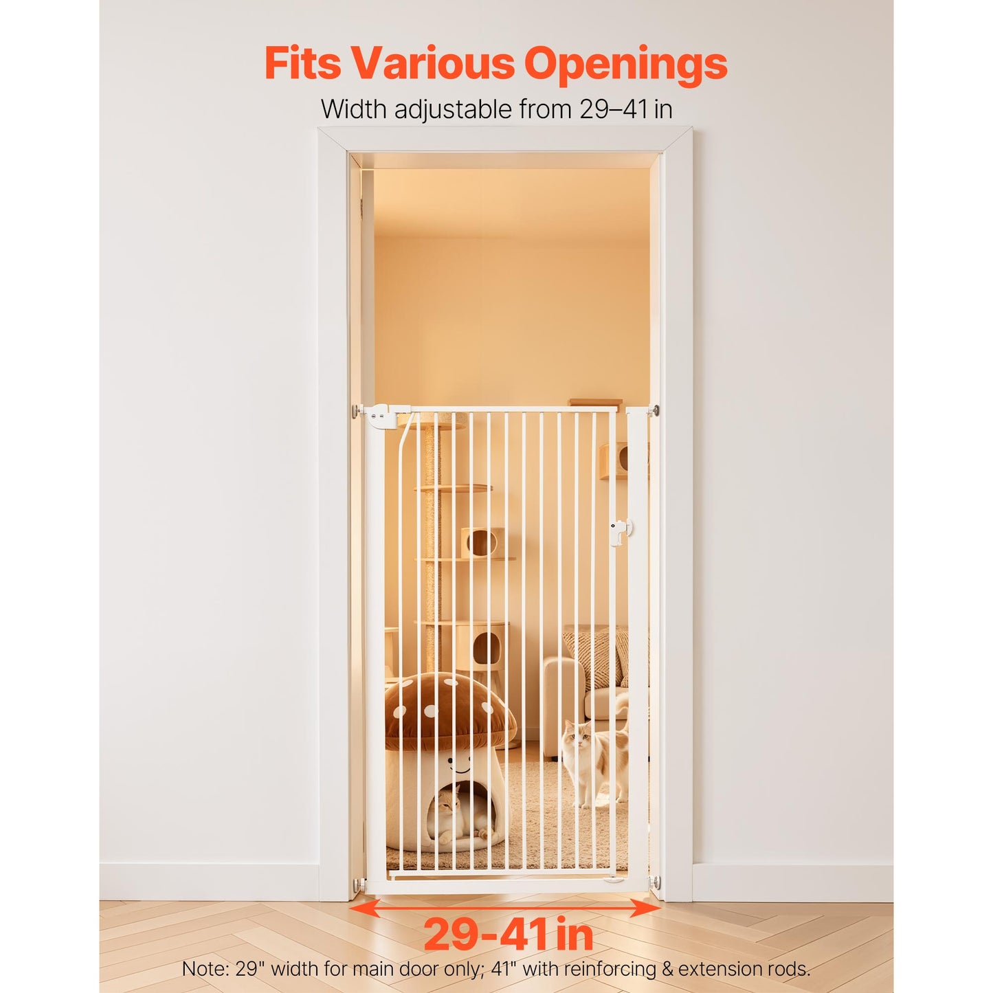 Adjustable Extra Tall Pet Gate for Cats and Dogs, White, 29-41 In Wide, 56 In High with Mounting Kits