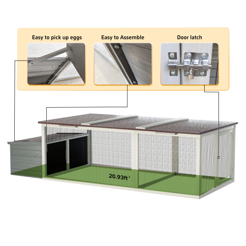 Large Wooden Chicken Coop with Run and Weatherproof Roof - Gray