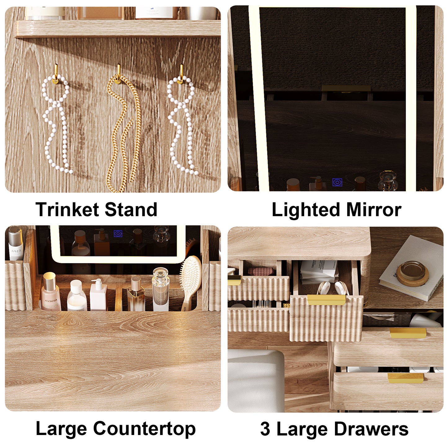 4-Drawer Vanity Desk With LED Mirror & Carved Details, Fluted Makeup