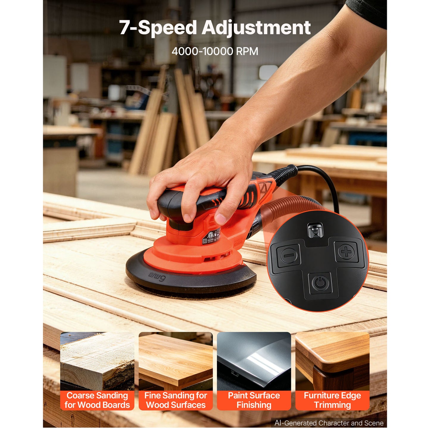 Vevor 6-Inch Random Orbital Sander 400W Brushless 7-Speed Woodworking Tool with Sandpapers