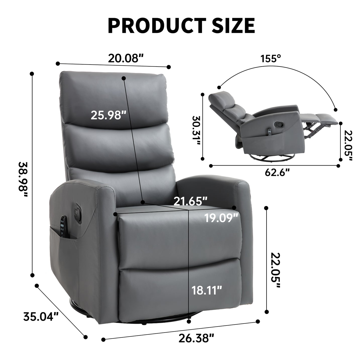Heat Massage Recliner Chair with Rocker & Swivel - Grey