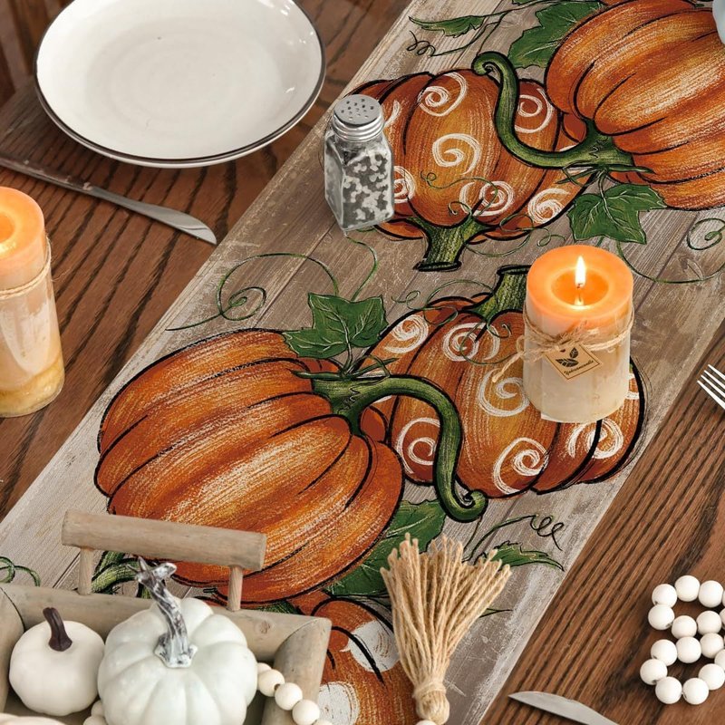 Pumpkin Eucalyptus Leaf Polyester Table Flag for Festive Home Decor