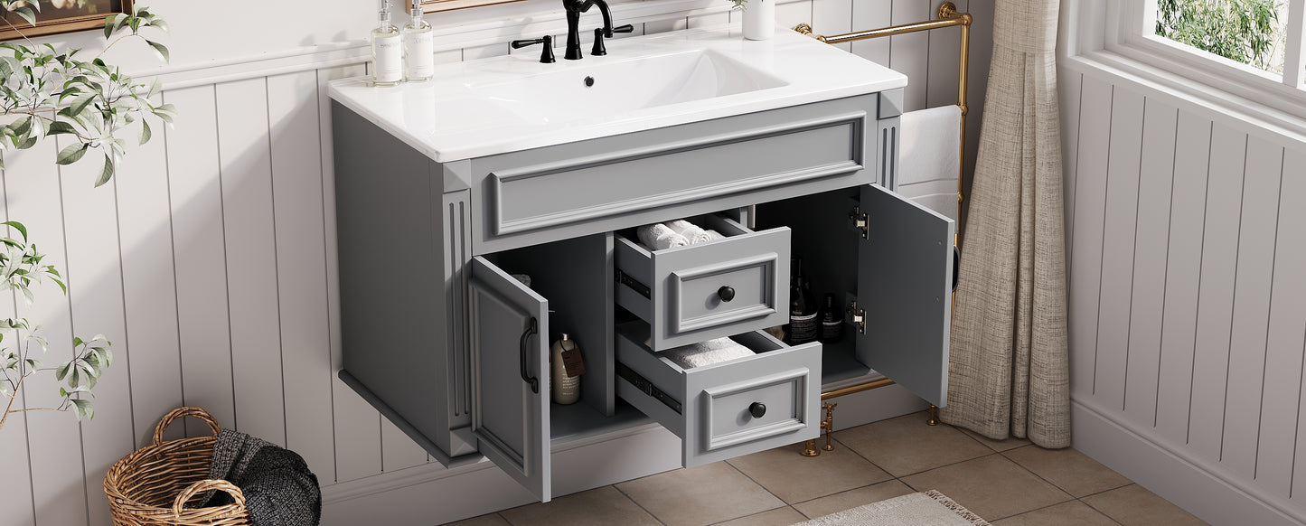 36-Inch Wall-Mounted Bathroom Vanity with Ceramic Sink - Gray